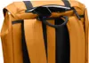 A close-up view of the top and back of an orange backpack, with sunglasses resting in a zippered pocket. Náhled obrázku produktu