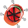 The inside of an orange hard hat with numbered arrows pointing to different adjustment points. Produktbild-Vorschau