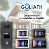 A modern house facade with a GOLIATH door intercom system and multiple indoor monitors displayed. Produktbild-Vorschau