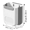 A white and gray foldable trash can is shown hanging on a wall, with dimensions indicated by measurement lines and text. Produktbild-Vorschau