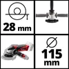 Collage of images showing an angle grinder, its dimensions, and a close-up of its motor head. Podgląd zdjęcia produktu