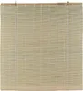 A close-up, front-facing view of a natural bamboo roller blind hanging vertically.