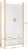 A white wardrobe with wooden accents and two drawers, shown with dimensions indicated. Voir les images du produit