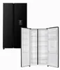 A black side-by-side refrigerator with its doors open, showing the interior shelves and compartments. The refrigerator is shown in two views: one closed and one open. Produktbild-Vorschau