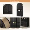 Collage of images showing details of a black cabinet with arched doors and gold hardware. Voir les images du produit