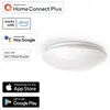A white ceiling light with various compatibility logos and app store download badges. Produktbild-Vorschau