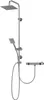 A chrome shower set with a rain shower head, a handheld shower head, and a thermostatic mixer. Produktbild-Vorschau