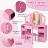 A pink children's vanity set with a chair, featuring close-up details of its safety features and surface. Anteprima dell’immagine prodotto