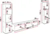A diagram showing the dimensions of a modular living room furniture set, including a tall cabinet and a long media console. Náhled obrázku produktu