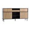 A long, narrow sideboard with wood-look doors and black accents. Produktbild-Vorschau