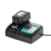A black battery charger with a black battery inserted, shown on a white background. Produktbild-Vorschau