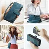Collage of images showing a blue leather wallet phone case from different angles and in use. Produktbild-Vorschau