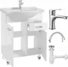 A white bathroom vanity with a sink and faucet, along with plumbing parts, displayed against a white background. Náhľad obrázku produktu