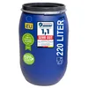 A blue plastic barrel with various labels and text. Produktbild-Vorschau