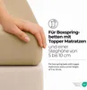A hand touching a mattress topper, with text describing its suitability for box spring beds with topper mattresses and a specific corner height. Produktbild-Vorschau