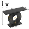 A black console table with a geometric circular base, shown with dimensions indicated by text and lines. Náhľad obrázku produktu
