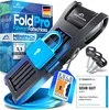 A product shot of a bicycle folding lock with packaging and marketing elements. Produktbild-Vorschau