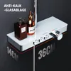 A close-up view of a shower fixture with a glass shelf holding two bottles, set against a dark background with text overlays indicating dimensions and features. Podgląd zdjęcia produktu