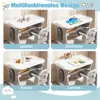 A collage of four images showing a children's table and chair set being used for different activities: playing, drawing, eating, and learning. Produktbild-Vorschau