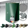 A collage of images showcasing green PVC privacy screen rolls and other patterned rolls, along with close-ups of water droplets on the material and fastening clips. Podgląd zdjęcia produktu