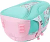 A close-up, angled view of a teal and pink backpack with a cartoon pattern. Produktbild-Vorschau