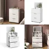 Collage of a white dresser/vanity with drawers and a mirror, shown in different settings and configurations. Náhľad obrázku produktu