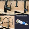 A collage of images showcasing a black kitchen faucet with various features. Produktbild-Vorschau