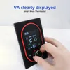 A hand is shown adjusting the knob on a digital thermostat with a VA touchscreen display. Produktbild-Vorschau
