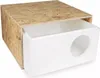 A close-up, slightly angled view of an insulated cat house made of wood composite and white plastic. Produktbild-Vorschau