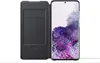 A black flip case for a Samsung Galaxy S20 Plus phone is shown open, with the phone displaying a colorful wallpaper. Produktbild-Vorschau
