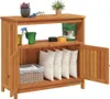 A wooden console table with shelves and doors, containing various garden items and cushions. Produktbild-Vorschau