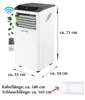 A white portable air conditioner with dimensions and features indicated by text and graphics. Voir les images du produit