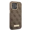 A close-up, side view of a brown phone case with a repeating Guess logo pattern and a gold accent around the camera lens. Podgląd zdjęcia produktu