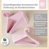 A collection of pink baby clothes hangers displayed on a textured background, with informational text and a logo. Produktbild-Vorschau