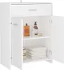 A white bathroom cabinet with its doors open, displaying shelves with toiletries and folded towels. Náhled obrázku produktu