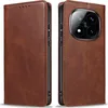 A brown leather flip case for a smartphone is shown from two angles. Produktbild-Vorschau