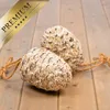 Two pine cone shaped bird feeders made of seeds and suet, resting on a wooden surface. Produktbild-Vorschau