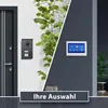 A split image showing two different options for a smart home entry system, one with a traditional doorbell camera and the other with a touchscreen interface. Produktbild-Vorschau