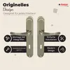 A marketing image showcasing two door handles with descriptive text and icons highlighting features. Produktbild-Vorschau