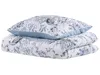 A folded duvet and pillow with a blue and white floral and bird pattern, presented on a white background. Produktbild-Vorschau