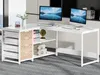 A white L-shaped desk with two computer monitors, a keyboard, and a mouse. The desk has storage drawers and shelves on one side. Anteprima dell’immagine prodotto