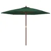 A green patio umbrella with a wooden pole is shown against a white background. Produktbild-Vorschau