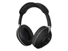 A studio shot of black headphones against a white background.