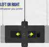 A black laptop pad with a keyboard and mouse is shown, with a remote-like device hanging above it. Arrows indicate left and right placement options. Produktbild-Vorschau