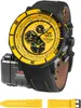 A Vostok Europe watch with a yellow dial and black leather strap, shown with its packaging and an extra yellow strap. Podgląd zdjęcia produktu