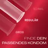 Marketing image showing three condoms of different sizes with text indicating size options and a call to action. Náhľad obrázku produktu