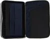 An open black leather clutch bag with blue interior card slots and a textured black pocket. Produktbild-Vorschau