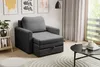 A dark gray sofa bed is shown in a living room setting, with artwork on the wall and a coffee table in front. Produktbild-Vorschau