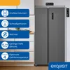 A side-by-side refrigerator is shown in a kitchen setting, with feature callouts on the left. Produktbild-Vorschau
