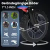 Close-up of a large wheel with dimensions indicated, alongside smaller inset images showing the wheel in different terrains and icons representing features. Produktbild-Vorschau